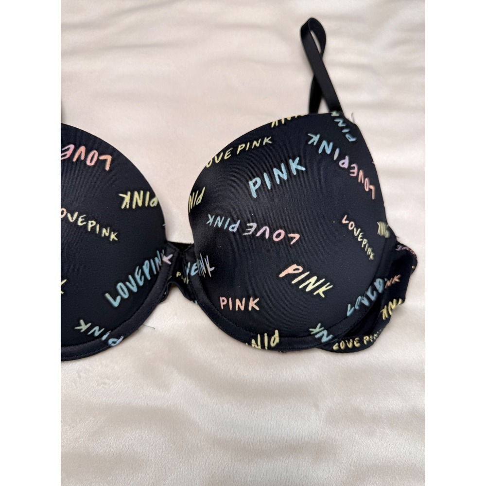 Victoria's Secret PINK Wear Everywhere Push-Up Bra Black Pastel Logo Print 36B - Picture 4 of 7